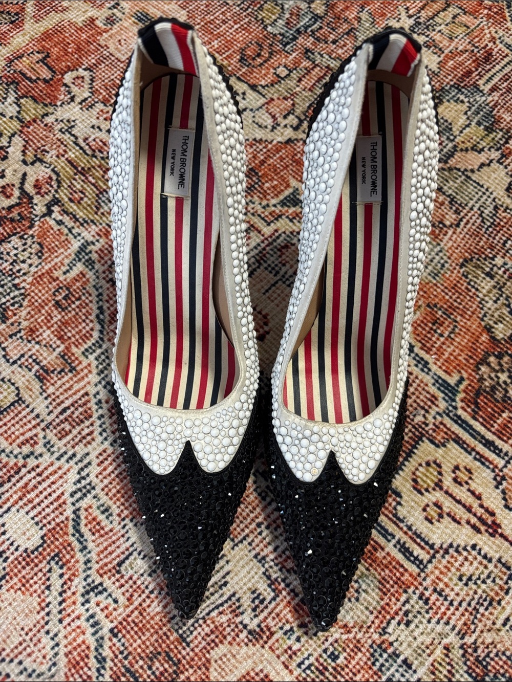 Thom Browne Black & White Pearl-Embellished Pointed Pumps